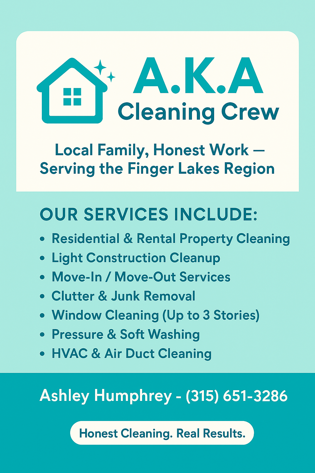 AKA Cleaning Crew services flyer — local family, honest work, serving the Finger Lakes Region