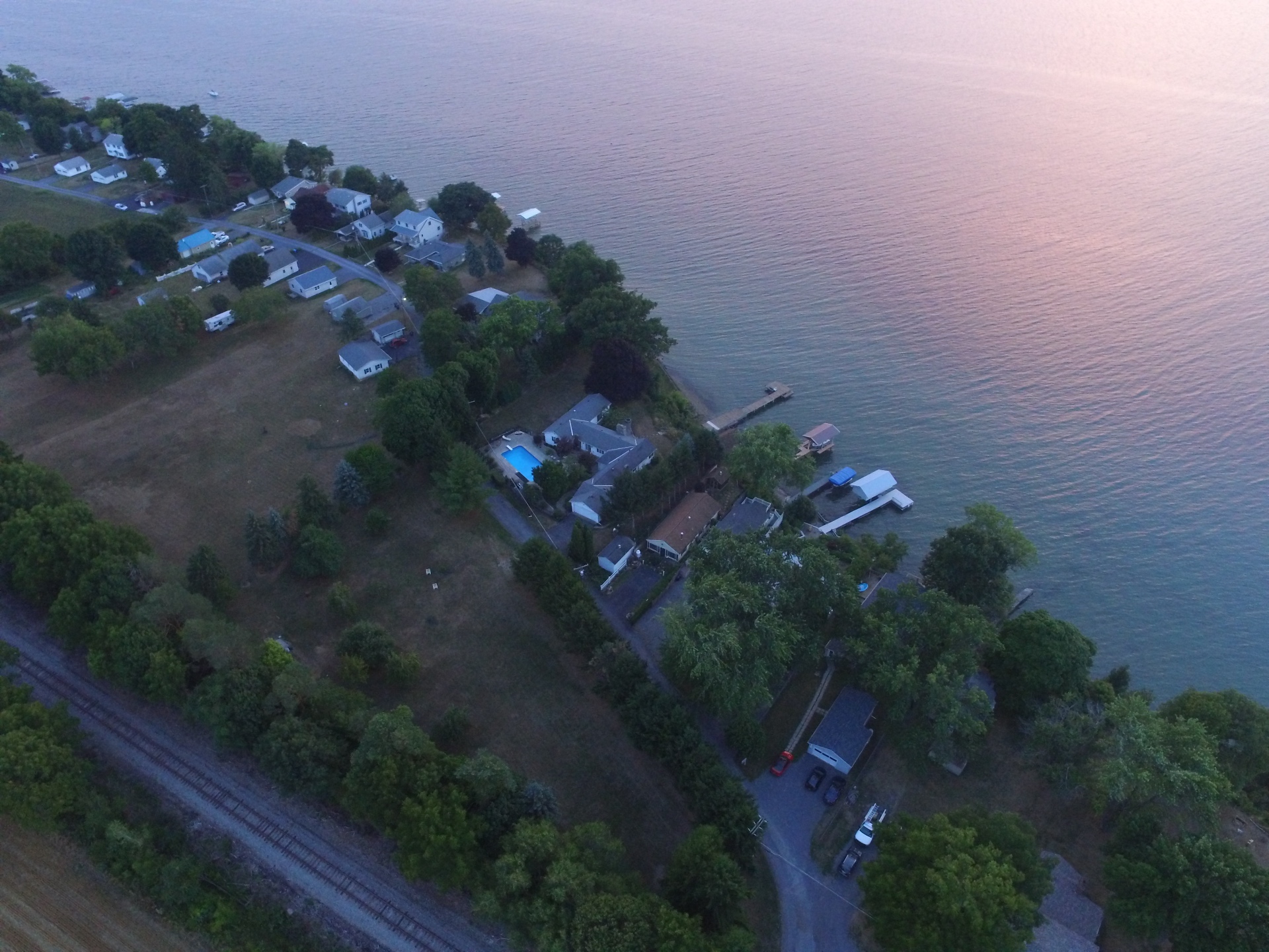 Aerial view of a Finger Lakes shoreline neighborhood